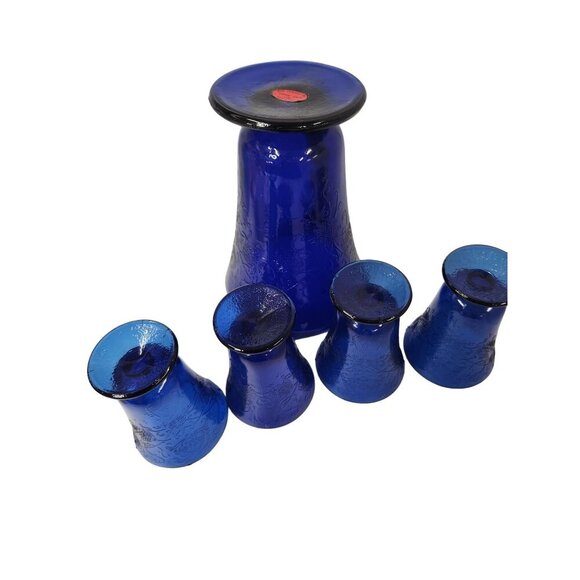 Vintage Cobalt Blue Glass Pitcher Set Florentine 2 Upper Deck 5 Piece Taiwan Emb - Picture 4 of 16